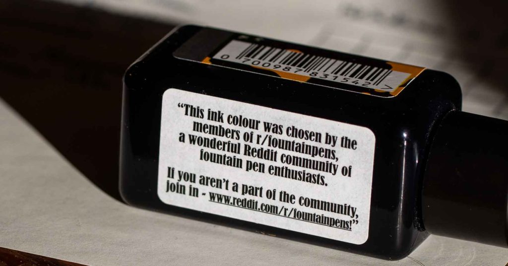 Étiquette explicative concernant le choix de l'encre par la communauté Reddit r/fountainpens