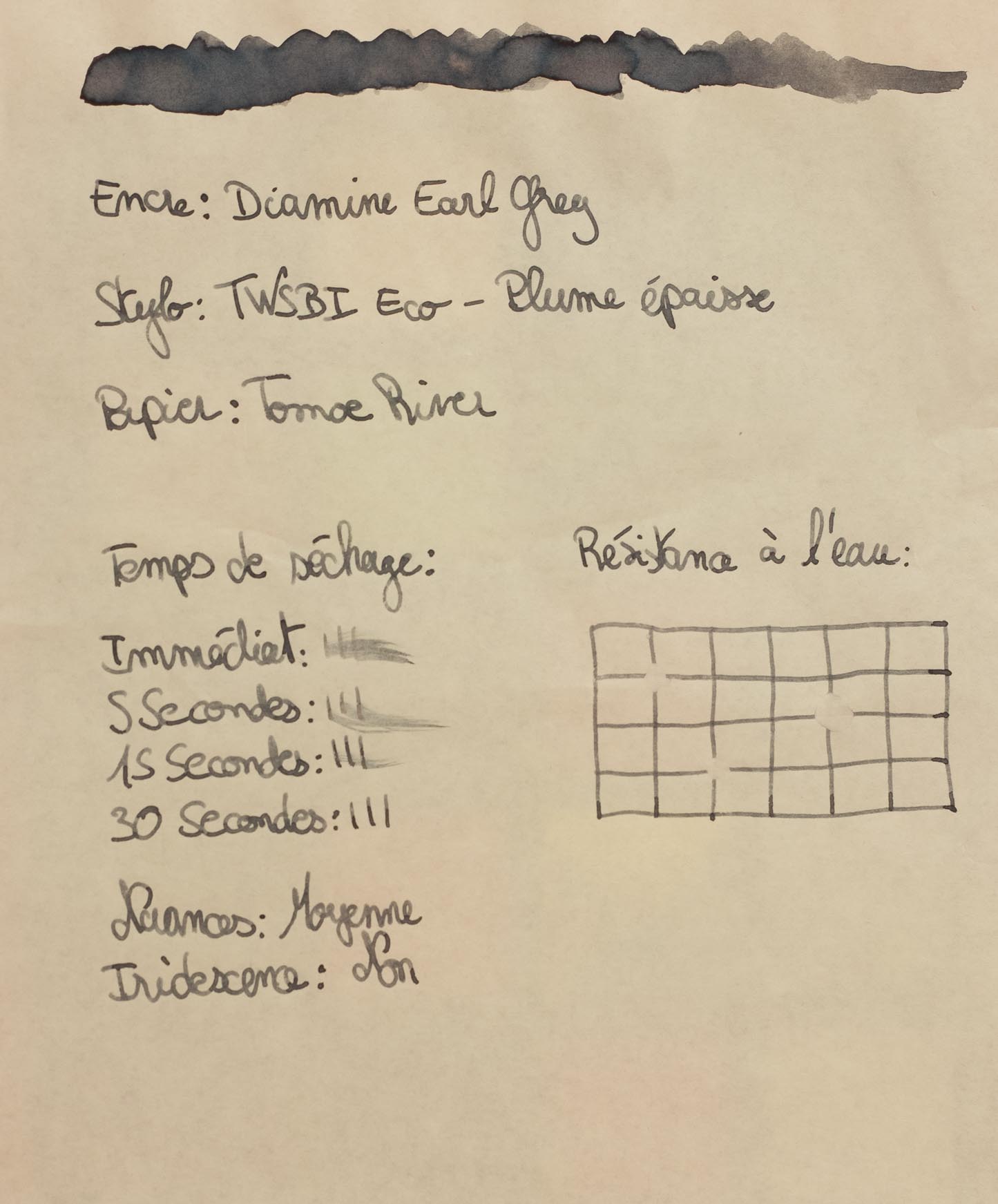 Feuille de test de l'encre Earl Grey De Diamine
