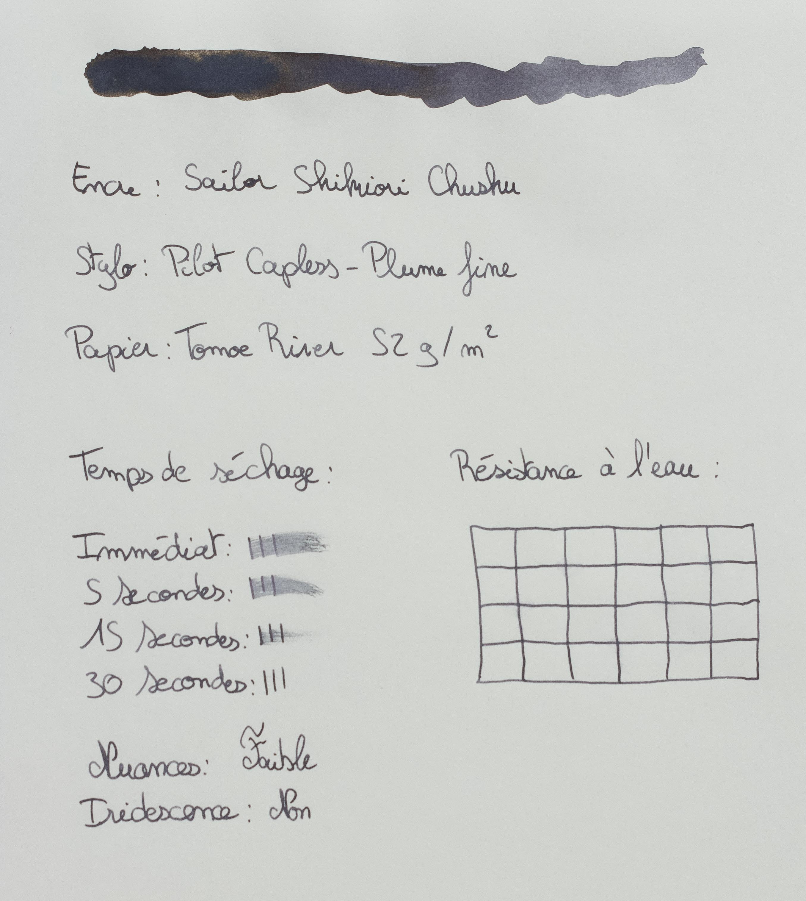 Feuille de test de l'encre Chushu de la gamme Shikiori de Sailor.