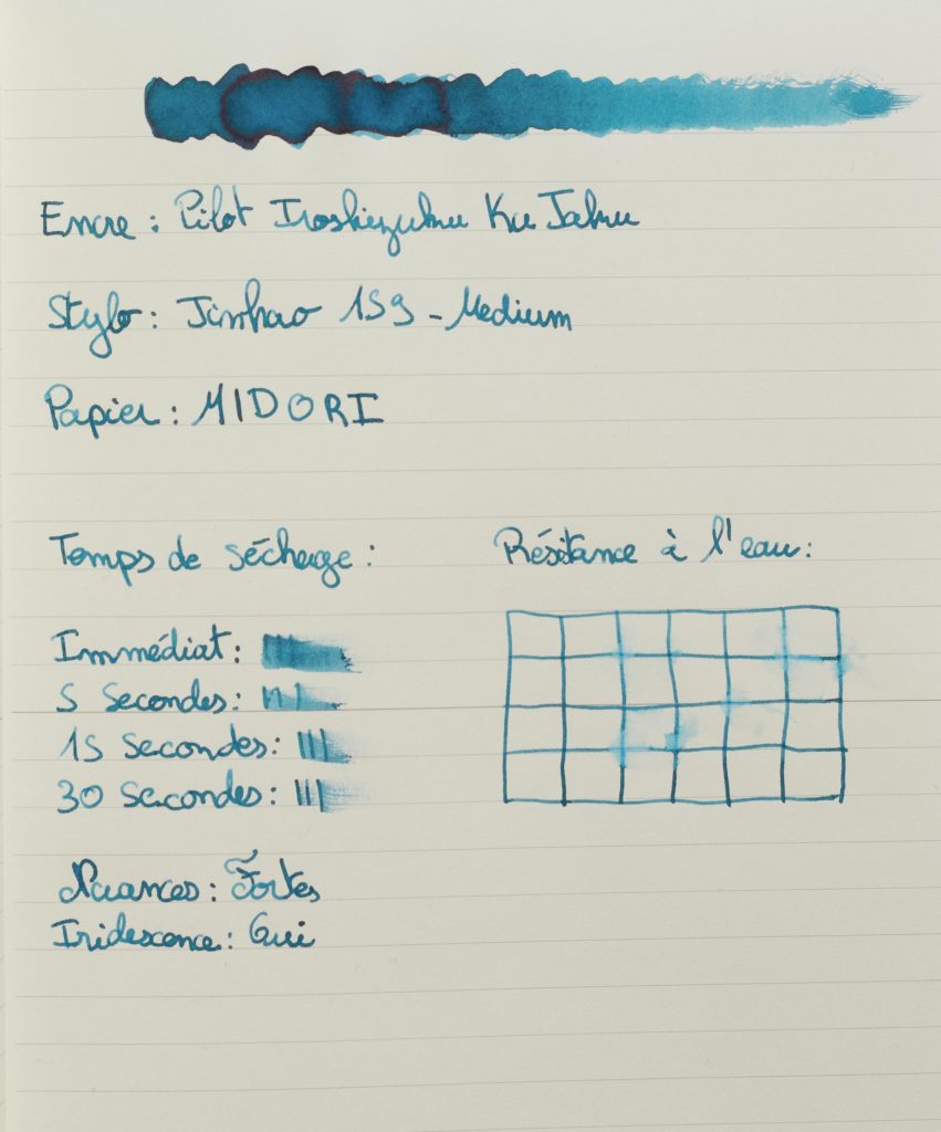 Feuille de test De kl'encre Kui-Jaku sur papier MIDORI