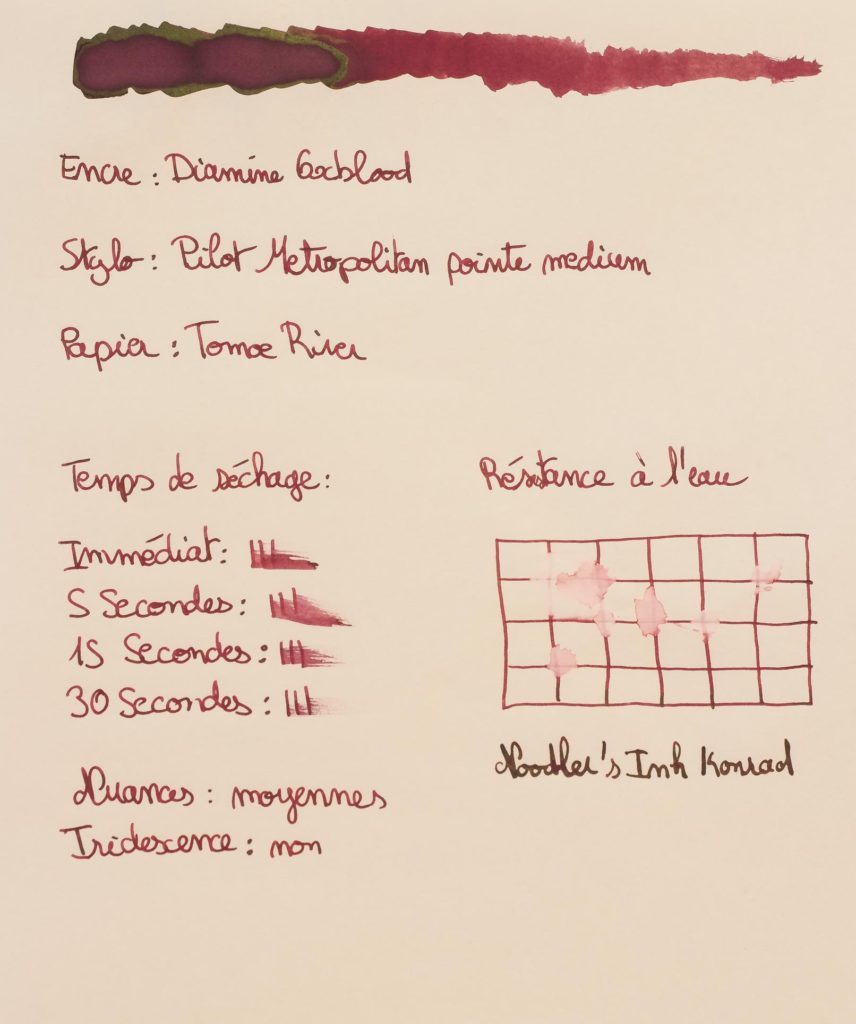 Feuille de test de l'encre Diamine Oxblood sur papier Tomoe River.