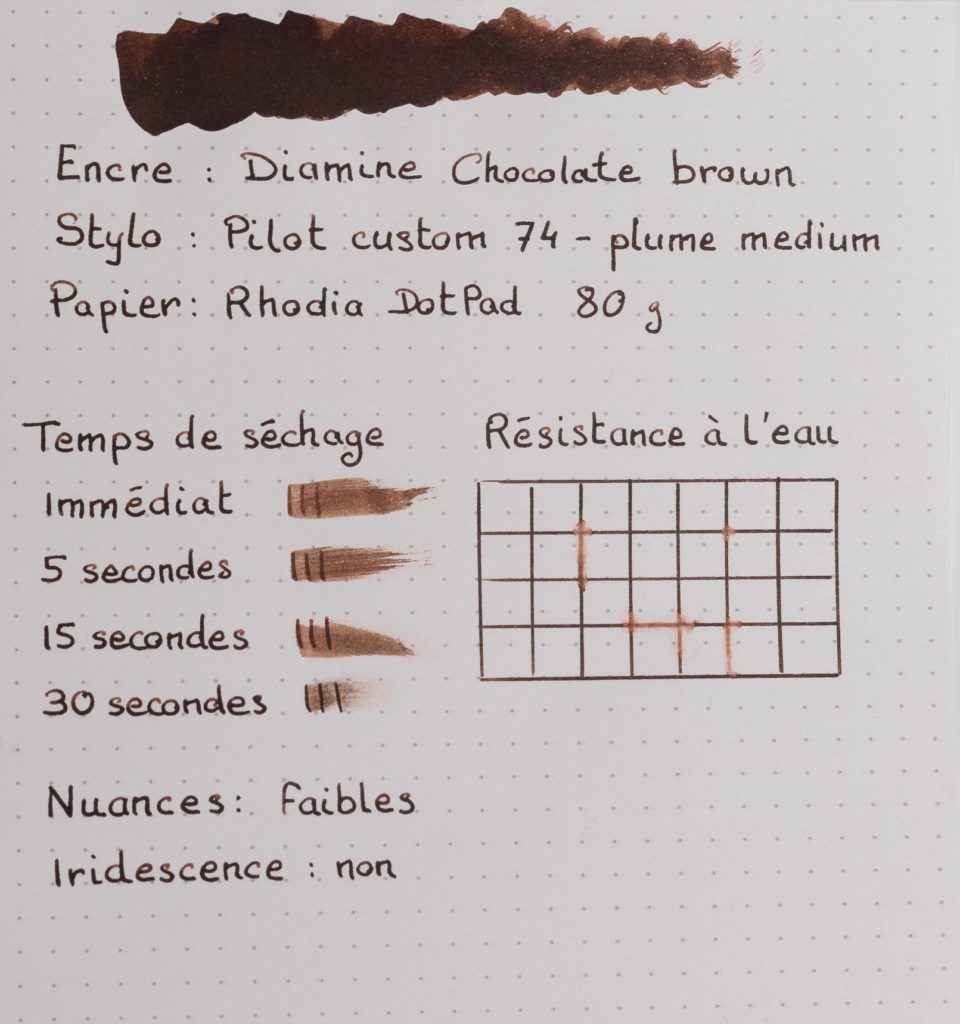 Feuille de test Chocolate Brown de Diamine sur du papier Rhodia