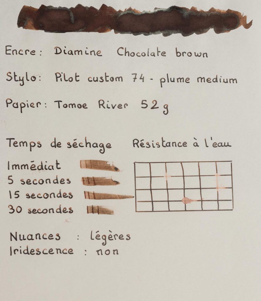 Feuille de test Chocolate Brown de Diamine sur du papier Tomoe River
