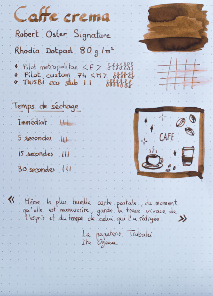Feuille de test Caffe Crema robert Oster Signature sur du papier Rhodia Dotpad.