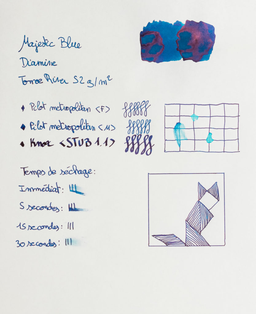 Feuille de test pour la Diamine Majestic Blue sur papier Tomoe River