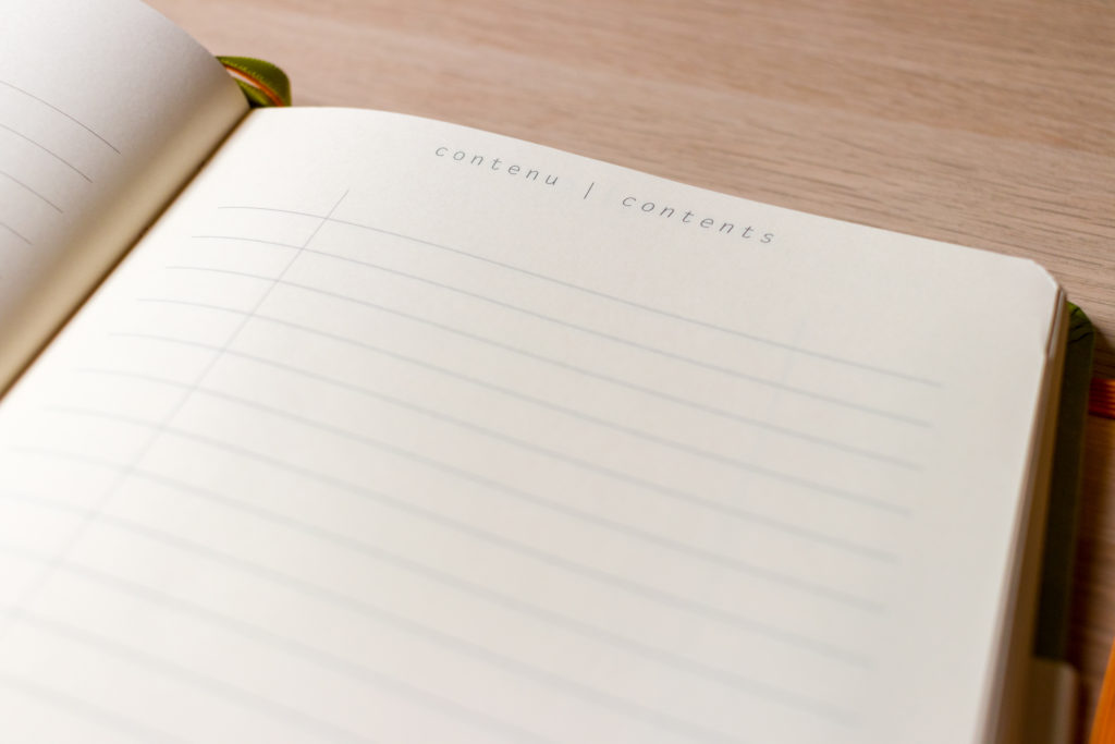 Page "Contenu", autrement dit la page Index du bullet journal