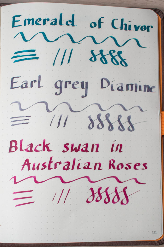 Test d'encres au parallel pen - recto Rhodia Goalbook